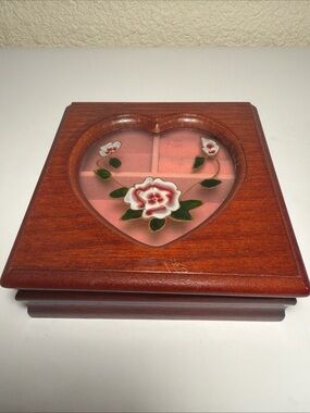 Wooden Heart Jewelry Box with Pink Floral Inlay